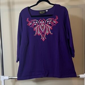 Bob Mackie Purple Long Sleeve Top with Pink Embroidery